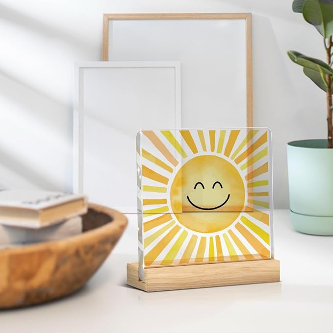 Sunshine gifts Inspirational Sun Sunshine Acrylic Sign Desk Decor, Pop Smiles Rustic Farmhouse Wooden Block Sign Decorations for Home Office Girls Dorm Room Nursery Playroom Wall Tabletop Shelf Decor