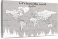 ElephantStock - Let's Travel II Push Pin World Map Wall Art - Horizontal Canvas Wall Art - Living Room Wall Decor - Digital Art Map Canvas Art - Gray And White Decor - 51" x 34"