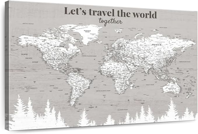 ElephantStock - Let's Travel II Push Pin World Map Wall Art - Horizontal Canvas Wall Art - Living Room Wall Decor - Digital Art Map Canvas Art - Gray And White Decor - 39" x 26"