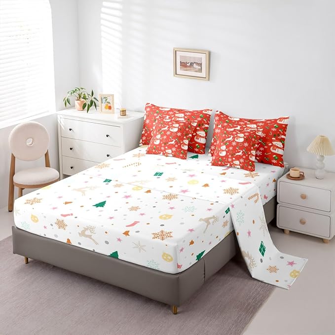 Red Christmas Comforter Set With Sheets 7 Piece Queen Size Cartoon Deer Snowman Bed in a Bag Kids Boys Girls New Year Red Bedding Set Reversible Xmas Decor Bedroom Decor Breathable Soft Lightweight