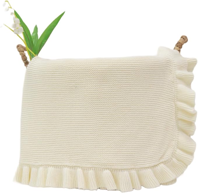Cotton Baby Blanket with Ruffle Edge Soft Breathable Newborn Blanket for Boys & Girls, Lightweight Knit Throw for Crib, Stroller & Nursery Multiple Colors Available Beige 30x40