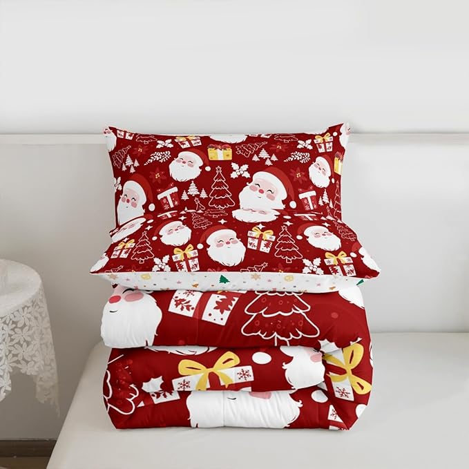 jejeloiu Santa Claus Comforter Set Twin Size Merry Christmas Bedding Set for Kids Boys Girls Xmas Themed Duvet Quilt Red Bedroom Decor