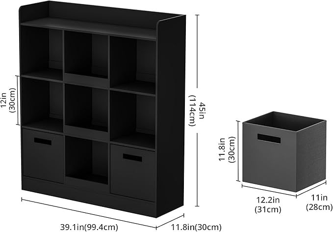 Kids Bookshelf with 9 Cube, Toy Storage Organizer with 2 Fabric Drawers, 3-Tier Freestanding Wooden Open Shelf Bookshelf, Modern Kids Display Bookcase for Bedroom, Living Room, Office, Black