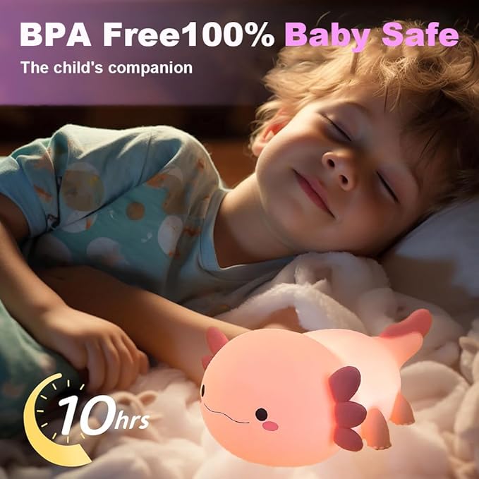 Night Light for Kids Bedroom, Animal Silicone Nursery Night Lamp Touch Nightlights USB Rechargeable Bedside Lamp for Baby Children Toddlers Girls Gift (Pink Axolotl +1)