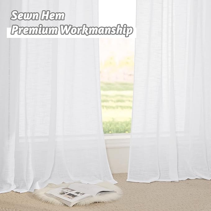 RYB HOME Linen Sheer Curtains - Linen Textured Semi Sheer Curtains for Home Office Kids Nursery Bedroom Window, 52 inches Wide x 63 inches Long per Panel, 2 Panels, White
