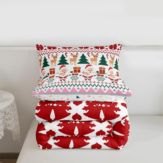 Feelyou Merry Christmas Comforter Set All Season Santa Claus Bedding Set with 1 Pillow Cases Cute Deer Microfiber Kids Twin Bedclothes Snowflake Bedroom Decor Duvet Quilt Breathable Soft