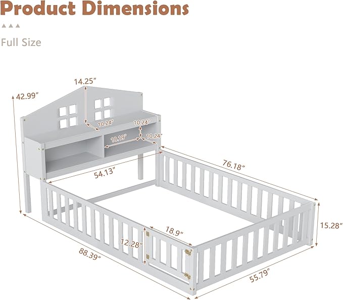 mikibama Full Floor Bed for Kids, Wooden Montessori Bed Frame with Headboard Bookcase, Storage Shelves & Safety Fence Rails, Kids Floor Bed Frame with Door for Girls, Boys, White