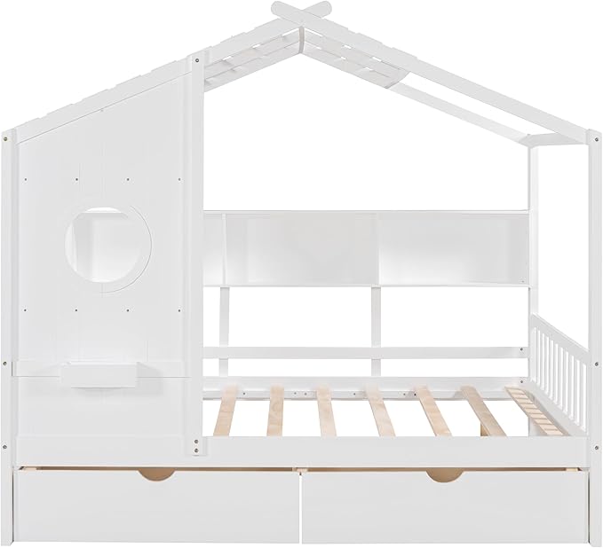 Merax Wood Full House Daybed with Drawers & Storage Shelves,Day Bed for Kids Boys Girls No Box Spring Needed White