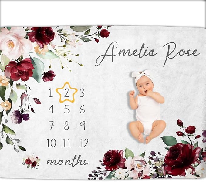 OLIVE OLIVIA Personalized Monthly Baby Milestone Blanket, Baby Months Blanket, Perfect Custom Newborn Gifts,50"x60"