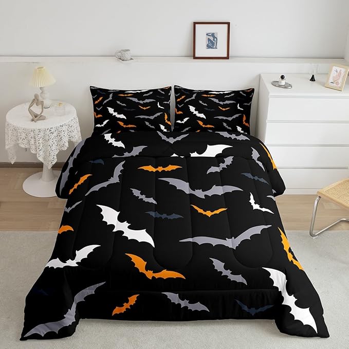 Erosebridal Gothic Halloween Decor Comforter Set - Toddler Size for Kids Boys & Girls - Animal Silhouette Bedding Set with 1 Pillow Case, Orange and Grey Bat Duvet Insert