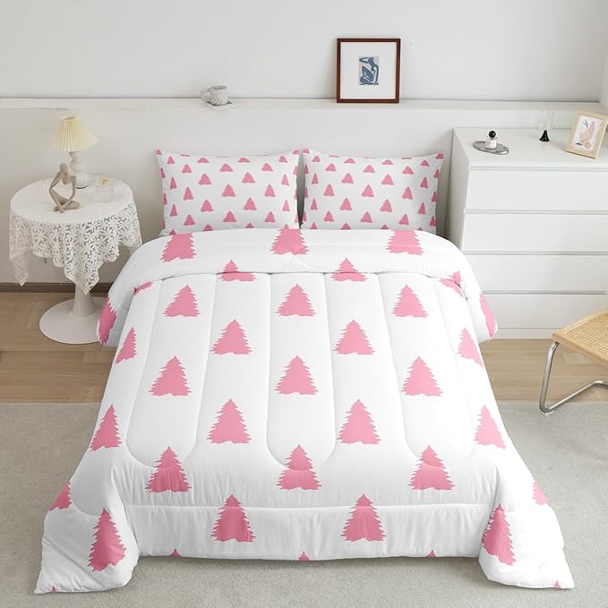 Feelyou Pink Christmas Trees Bedding Set for Kids Boys Girls Twin Size Holiday Comforter Set Ultra Soft Winter Comforter Xmas Decor Duvet Quilt Bedroom Decor Christmas Ornaments Quilt