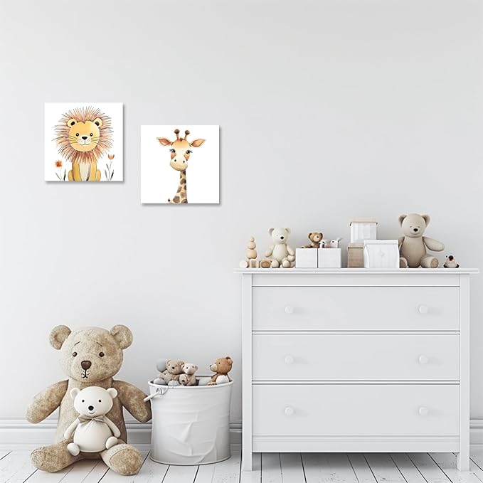Baby Animal Framed Canvas Wall Art Set of 2 - Cute Baby Lion Giraffe Paintings Posters Woodland Animals Pictures Prints for Kids Room Bedroom Decor(Artwork-03, 20"x20"x2P)
