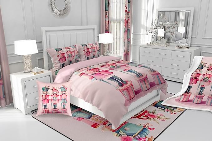 Feelyou Christmas Decor Nutcrackers Kids Comforter Set Queen Size Pink Christmas Bedding Set Funny Nutcracker Duvet Quilt for Kids Boys Girls Bedroom Berries Printed Decor Kawaii Soft Breathable