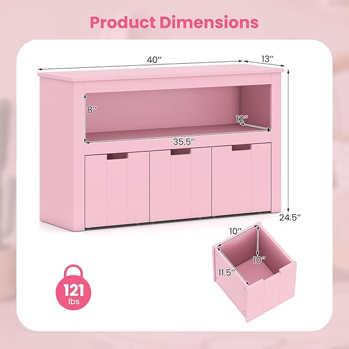 Costzon Toy Storage Cabinet, Toy Chest w/ 3 Removable Drawers, Wheels & Spacious Tabletop, Toddler Storage Organizer for Kids Room, Playroom & Nursery (Pink, 13" D x 40" W x 24.5" H (3 Drawers))