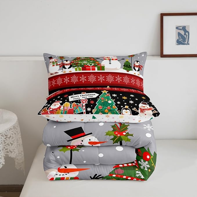 Erosebridal Christmas Tree Decor Quilts Cartoon Snowman Comforter Set for Teens Kids Boys Xmas Deer Elk Santa Claus Bedding Set for New Year Snowflake Red and Black Duvet Insert Full Size