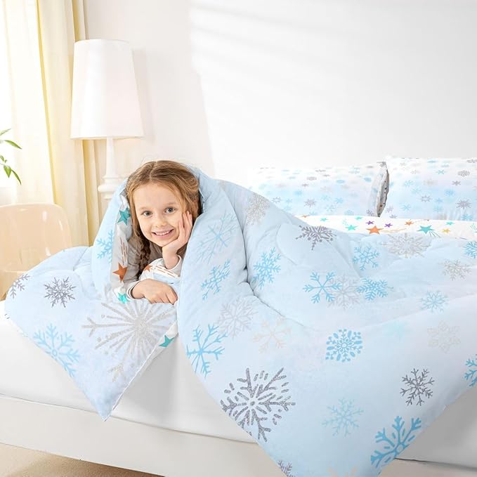 Feelyou Glitter Snowflake Comforter Set King Size, Blue Snowflake Comforter Kids Toddler Ombre Bedding Set Winter Theme Duvet Set Microfiber Bed Set
