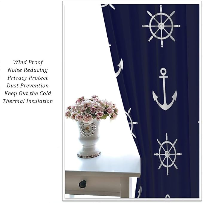 Nautical Rudder Curtains,MarineThemed Oceanic Anchor Pattern Blackout Print Home Bedroom Living Room Window Treatments 2 Panel Set 42x54 Inch