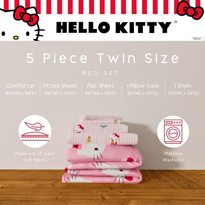 Sanrio Hello Kitty Holiday & Christmas Bedding Soft Comforter and Sheet Set with Sham, 5 Piece Twin Size, (Officially Licensed Product) by Franco