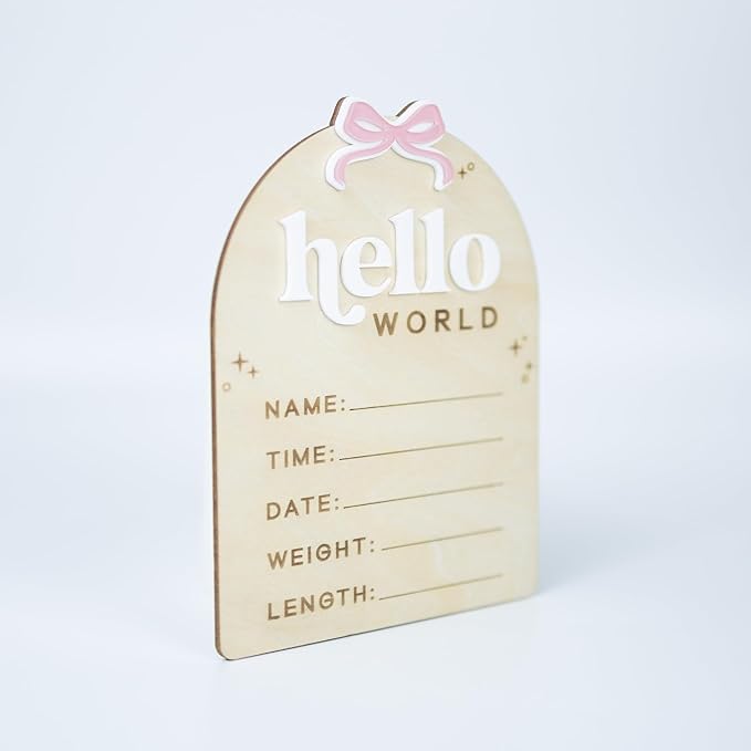 Baby Announcement Sign with Stand & Marker – Hello World Wooden Name Plaque for Newborn Photoshoot, Baby Shower, Rustic Keepsake Birth Stat Sign for Hospital Birth Announcement (Acrylic Ribbon)