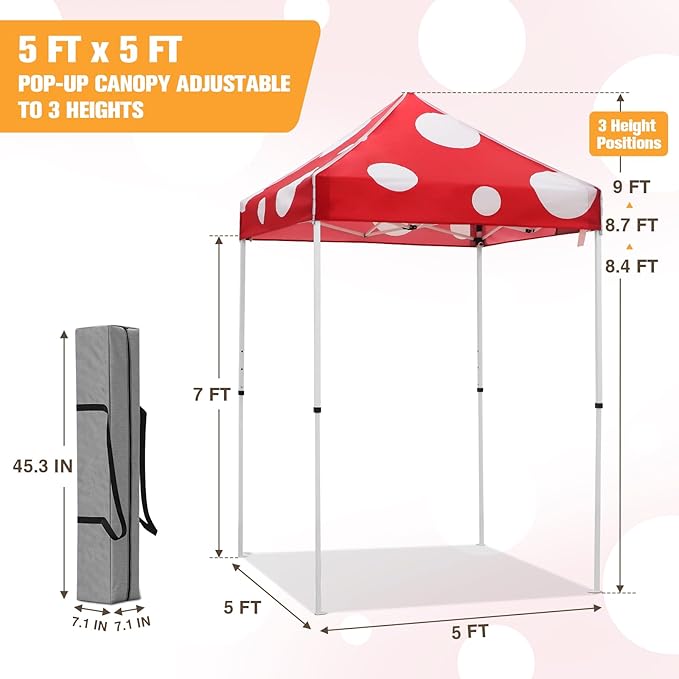 EAGLE PEAK 5x5 Pop Up Canopy Tent Instant Outdoor Canopy Easy Set-up Straight Leg Folding Shelter, Red Mushroom