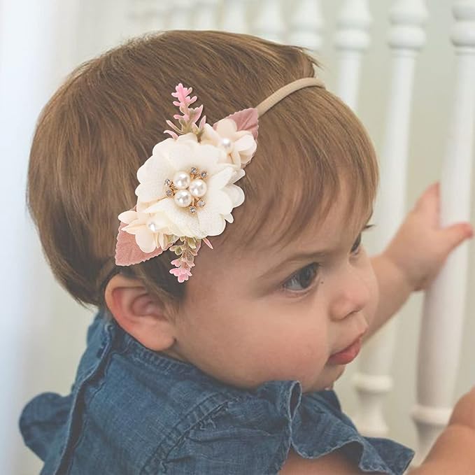 cherrboll 3pcs Baby Girl Flower Headbands, Super Soft & Stretchy Nylon Floral Hairbands for Newborn Toddler