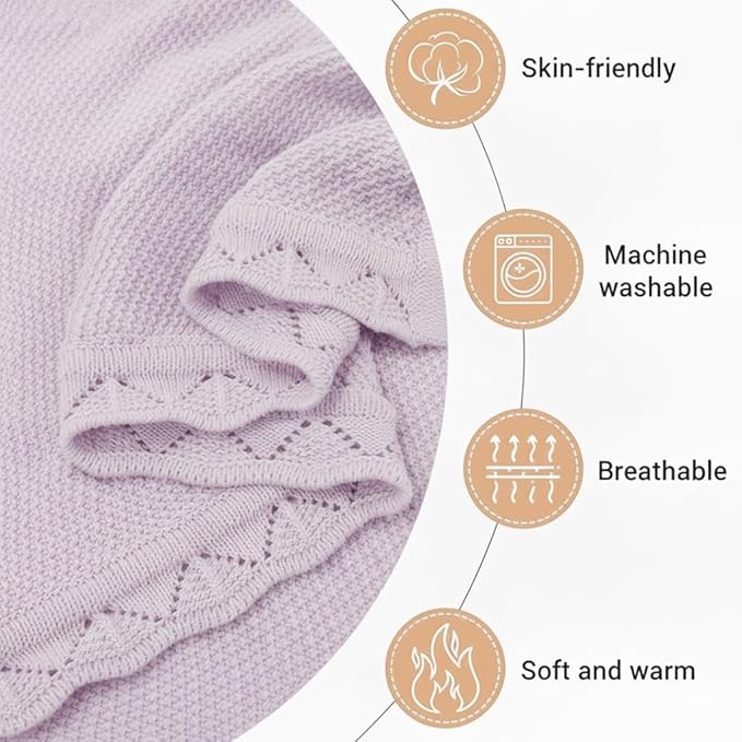 Baby Knit Blanket Soft Breathable Cotton Scallop Border Blankets Newborn Knitted Blanket Swaddle Blankets Gifts for Baby Newborn Toddler Shower Boy Girl New Mom Birthday Christmas Lilac 28x36