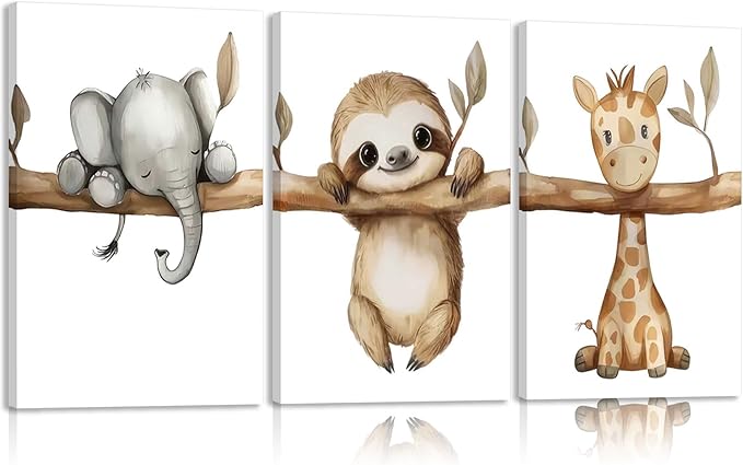 3Pcs Nursery Animal Canvas Wall Art Safari Nursery Poster Prints Jungle Kids Painting Cute Animal Elephant Sloth Giraffe Artwork Picture Wall Decor for Boys Room Girls Room 12x16in Framed