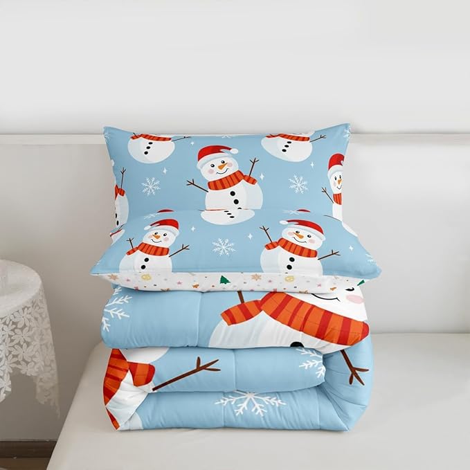 Feelyou Merry Christmas Bedding Set Soft for Boys Girls, Snowman Comforter Set King Size Snowflake Duvet Quilt Microfiber Bedroom Decor 3 Pcs with 2 Pillow Cases