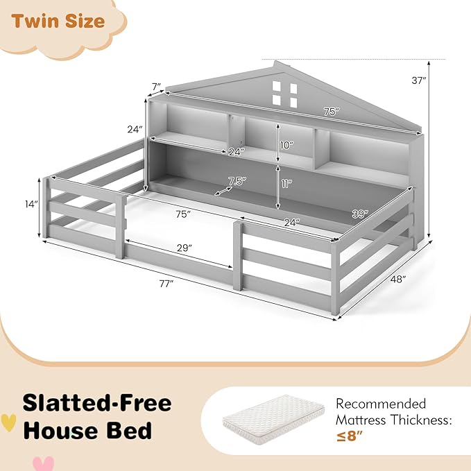 KOMFOTT Twin Floor Bed with Bookcase & LED Light, Wood Bed Frame with Bedside Bookshelves & Guardrails, Versatile 2-in-1 Montessori Floor Bed for Kids (Twin with Led Light,Grey)