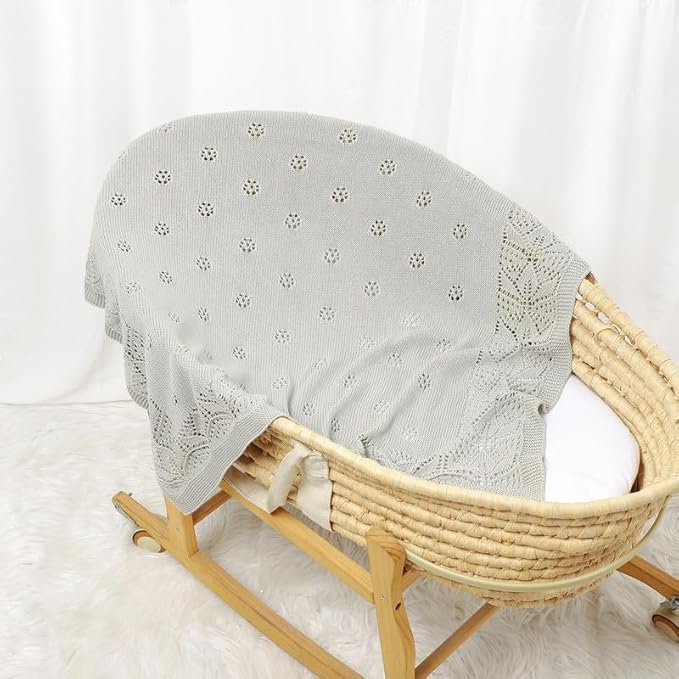 LAWKUL Cellular Blanket Baby 100% Cotton Knitted Soft Knit Crochet Blankets for Newborn Boy Girls Toddler Light Grey 100x80cm