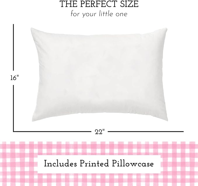 Little Sleepy Head Youth Pillow & Case 16x22 - Soft Jumbo Toddler Pillow, Hypoallergenic & Perfect Kids Travel Pillow (Gingham Pink)