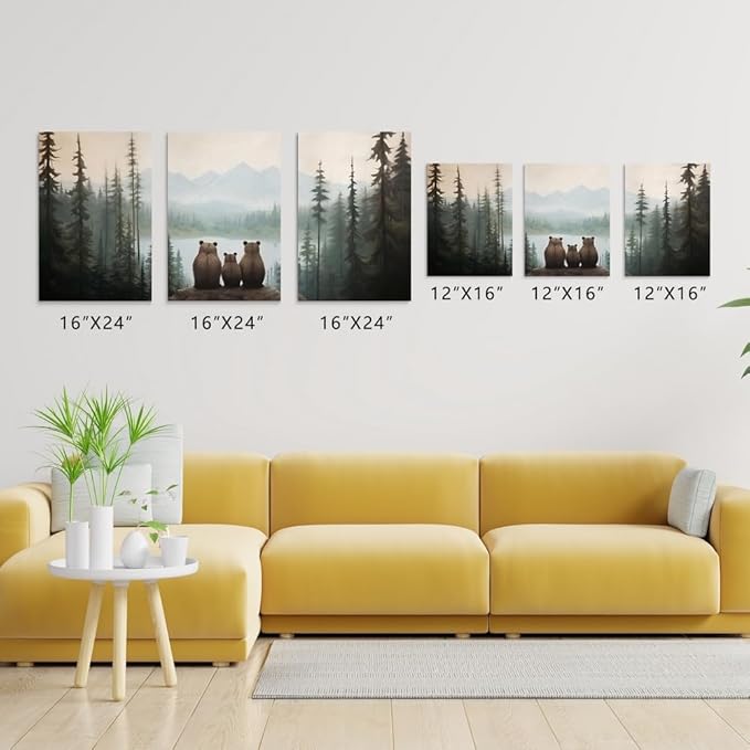 Set of 3 Bear Family Nursery Canvas Wall Art, Forest Animal Nursery Print, Woodland Nursery Wall Decor, Landscape Toddler Room Decor for Boy's Bedroom, Baby Girl's Nursery Decor, Framed 16"x24"x3