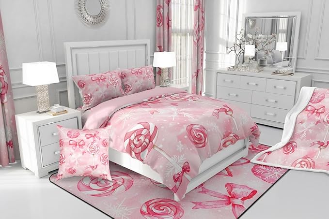 Feelyou Pink Bow Comforter Set Twin Size Pink Lollipops Bedding Set for Kids Boys Girls Watercolor-Style Duvet Quilt Xmas Snowflake Bedroom Decor Christmas Microfiber 2 Pcs with 1 Pillow Cases