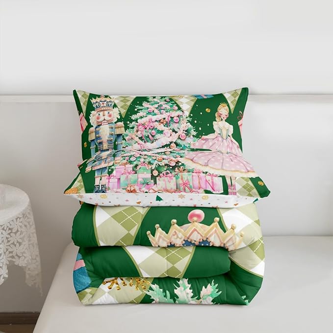 jejeloiu Christmas Nutcracker Comforter Set Queen Size Gingerbread Man Bedding Set for Kids Boys Girls Xmas Tree Duvet Quilt Green Bedroom Decor
