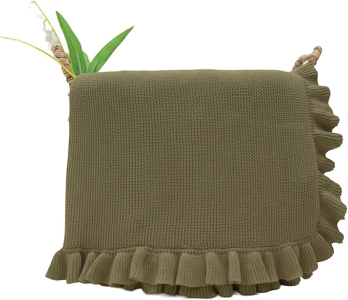 Cotton Baby Blanket with Ruffle Edge Soft Breathable Newborn Blanket for Boys & Girls, Lightweight Knit Throw for Crib, Stroller & Nursery Multiple Colors Available Green 28x36