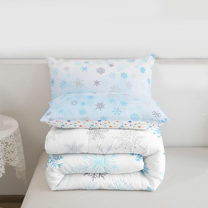 Feelyou Glitter Snowflake Comforter Set King Size, Blue Snowflake Comforter Kids Toddler Ombre Bedding Set Winter Theme Duvet Set Microfiber Bed Set