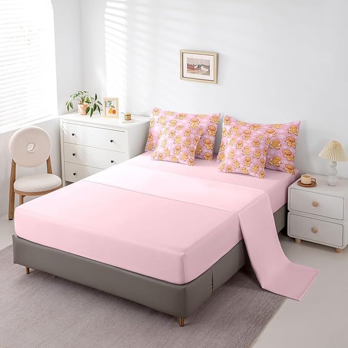 Erosebridal Christmas Gingerbread Queen Bedding Set 7 Piece,Cute Gingerbread Man Bed in A Bag,Xmas Snowflake Comforter Set Girls Sheet Set with Comforter,Pink Christmas Decoration