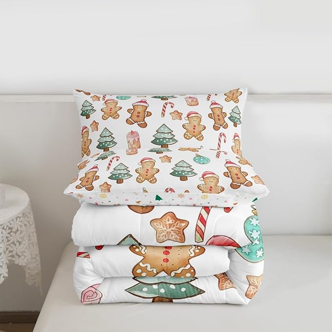 Feelyou Pink Gingerbread Comforter Set Queen Size Christmas Bedding Set for Kids Boys Girls Candy Cane Duvet Quilt Xmas Bedroom Decor Microfiber 3 Pcs with 2 Pillow Cases