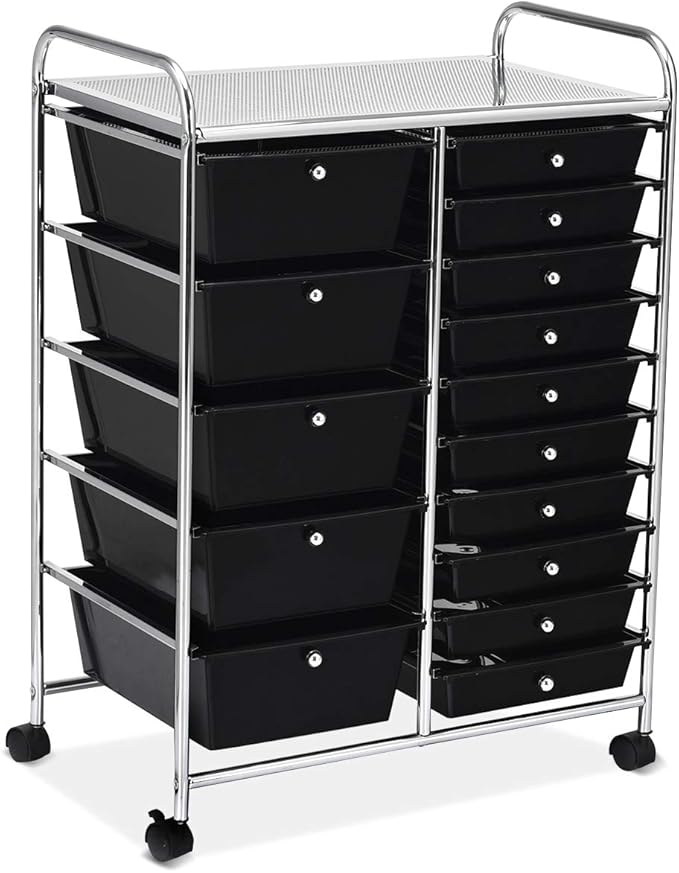 RELAX4LIFE 15 Drawer Rolling Storage Cart, Mobile Drawer Carts for Craft Art Supply Paper Salon, Utility Cart on Wheels for Classroom Teacher School Office, Rolling Cart with Drawers (Black)