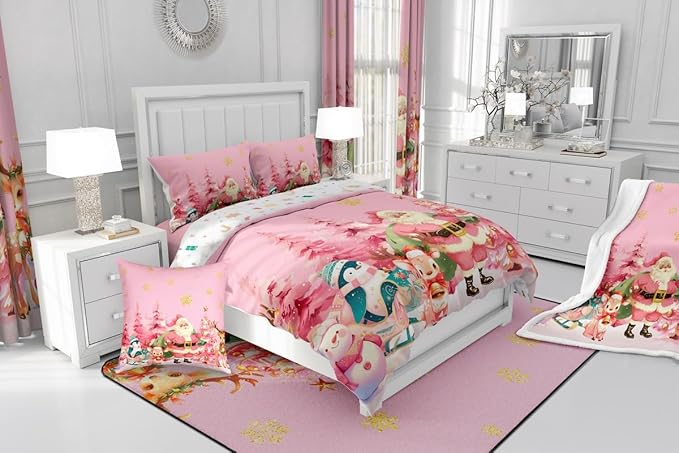 jejeloiu Merry Christmas Comforter Set Toddler Size Santa Claus Bedding Set for Kids Boys Girls Cute Deer Duvet Quilt Pink Bedroom Decor