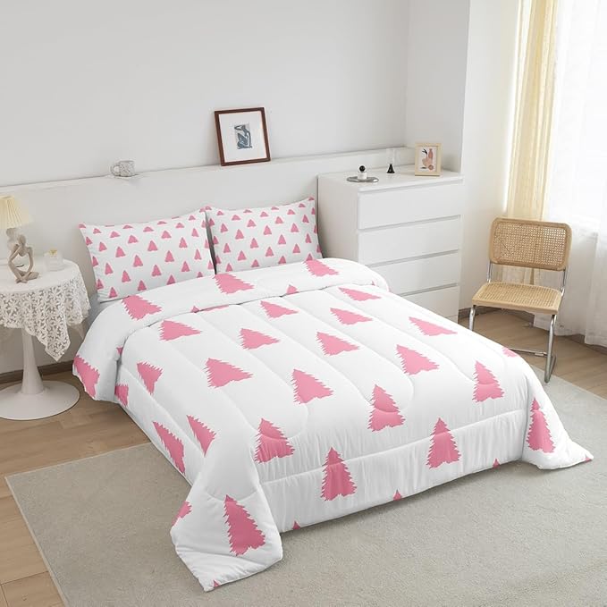 Feelyou Pink Christmas Trees Bedding Set for Kids Boys Girls King Size Holiday Comforter Set Ultra Soft Winter Comforter Xmas Decor Duvet Quilt Bedroom Decor Christmas Ornaments Quilt