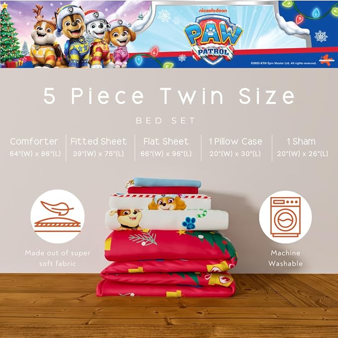 PAW Patrol Holiday & Christmas Kids Bedding Soft Comforter and Sheet Set with Sham, 5 Piece Twin Size, (Officially Licensed Product) by Franco
