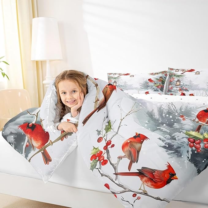 jejeloiu Kids Red Cardinal Comforter Set Full Size Christmas Theme Bedding Set for Boys Girls Teens Xmas Birds Winter Country Woodland Animal Duvet Quilt Room Decor