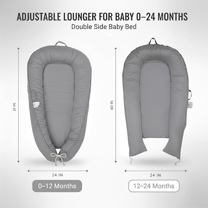 Baby Lounger – Infant Lounger for Newborn 0–24 Months, Baby Nest Lounger, Portable Newborn Lounger, Soft Breathable Cotton, Essentials for Babies at Home and Travel, Grey Solid