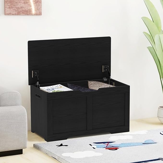 31.5" Storage Chest, Wooden Storage Bench, Lift Top Toy Chest with 2 Safety Hinges, Large Toy Box, Entryway Shoes Bench for Living Room, Bedroom, Black
