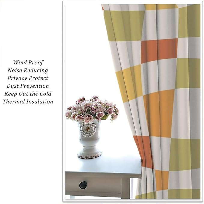 Orange Checkered Curtains,70s Vintage Twisted Checkered Window Drapes Colorful Groovy Trendy Wavy Hippie Grid Print Window Treatments for Kids Girls Bedroom Living Room Bathroom 42"W X 54"L