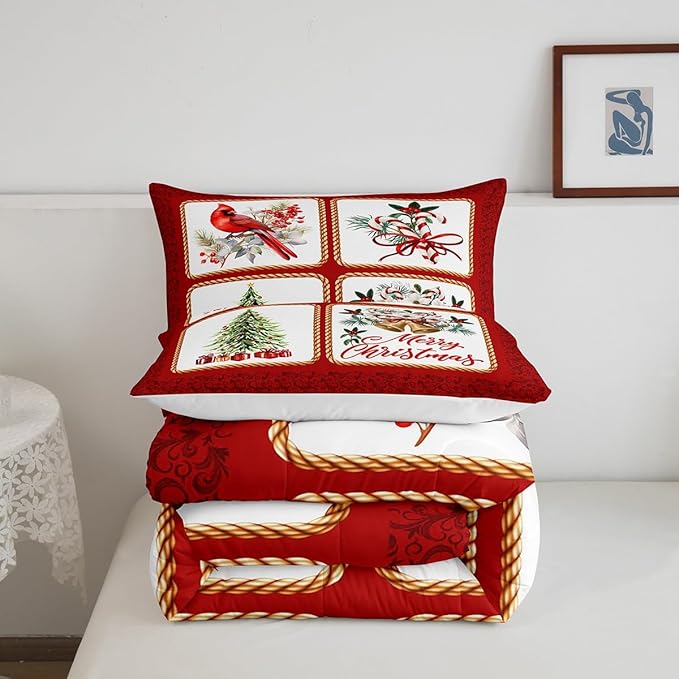 Christmas Plaid Comforter Set Twin Size,Berries Cardinals Xmas Pine Print Bedding Set for Kids Boys Men,Floral Bells Red Lace Patchwork Quilted Duvet Set with 1 Pillowcase