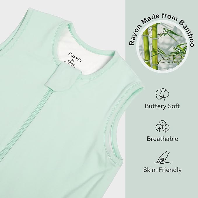 Rayon Made From Bamboo Sleep Sack 6-12 Months 0.5 Tog Ultra Soft Summer Toddler Sleep Sack with Feet 2-Way Zipper Lightweight Sleeping Bag Baby Wearable Blanket (2 Pack)-Green & Gray
