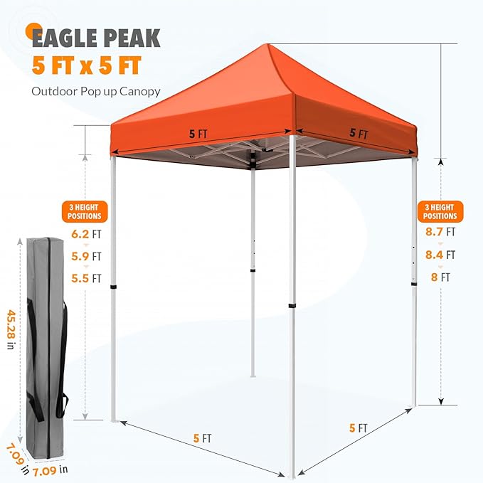EAGLE PEAK 5x5 Pop Up Canopy Tent Instant Outdoor Canopy Easy Set-up Straight Leg Folding Shelter, Orange