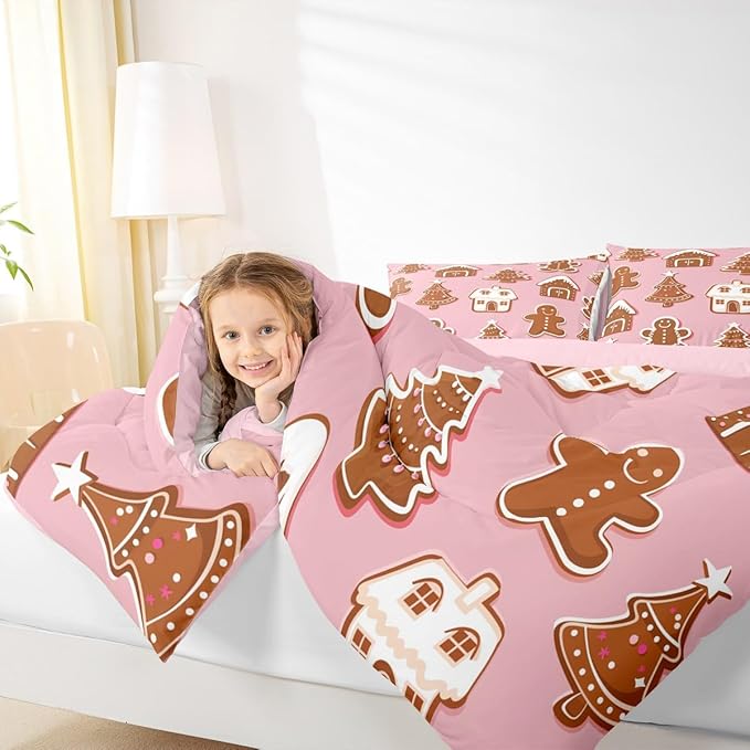 Feelyou Christmas Comforter Set Queen Size Gingerbread Man Bedding Set for Kids Boys Girls Snowflake Duvet Quilt Xmas Tree Bedroom Decor Microfiber 3 Pcs with 2 Pillow Cases